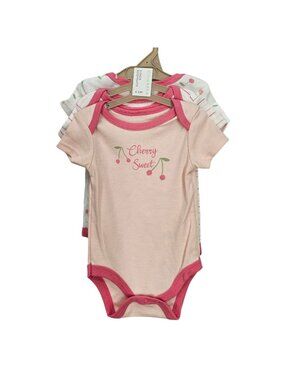 Chickpea Baby Girls 3-Pack Cherry‎ & Striped Bodysuits 0-3M Cotton Pink/White